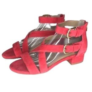 Bettye Muller Red Suede Sandals | Block Heel w/ Double Buckle & Zip | 1.5” Heel